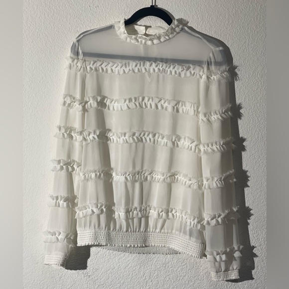 Guess Mock Neck Ruffled Woven Shirt
Style # W64H53W4S42 - Picture 1 of 5